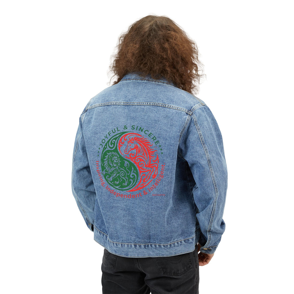 Men's Denim Jacket with Red & Green Yin Yang Back Graphic — Vintage Casual Streetwear