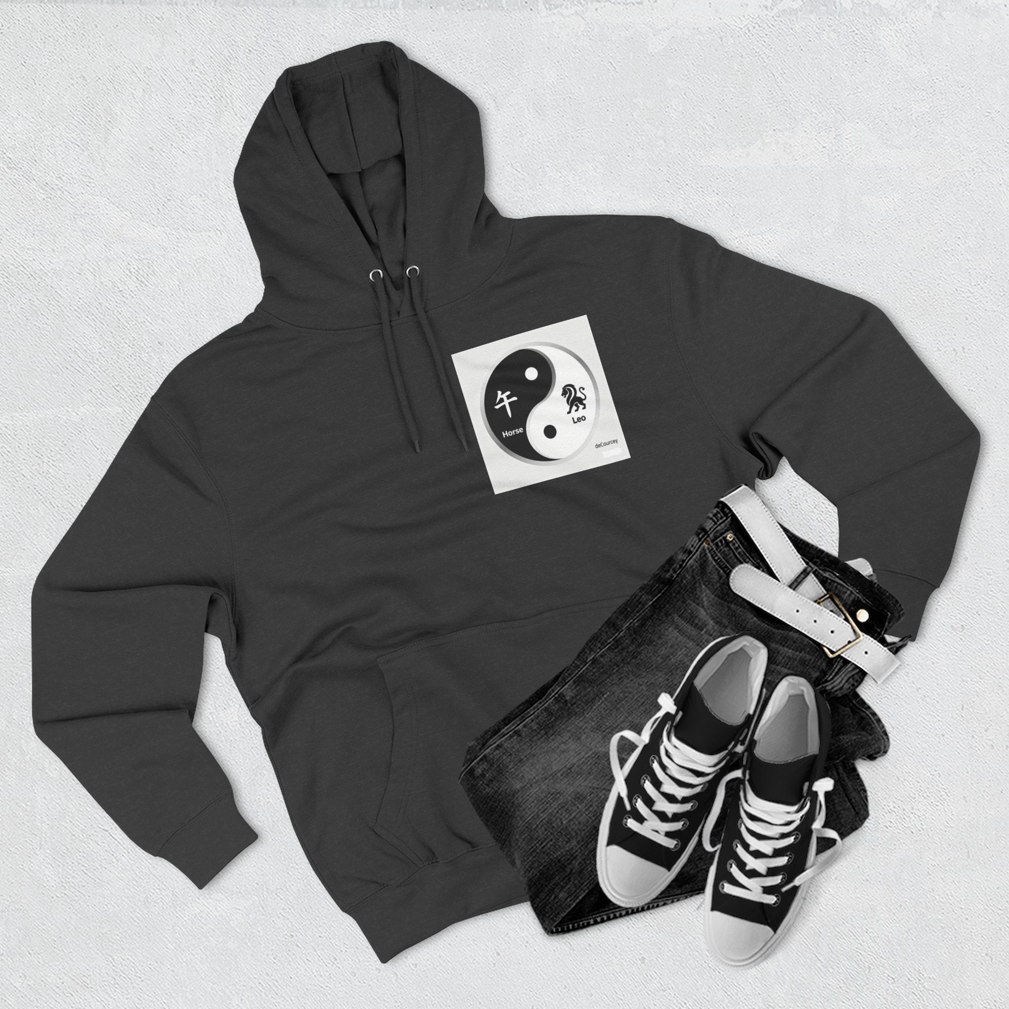 Radiant Spirit Yin-Yang Hoodie ; Honesty & Loyalty Graphic Fleece Hoodie; The Radiant Spirit; Leo and Horse Zodiac ; Leo Horse Star signs;  Astrology Fiery Horse and Leo Verse; Astrological character...
