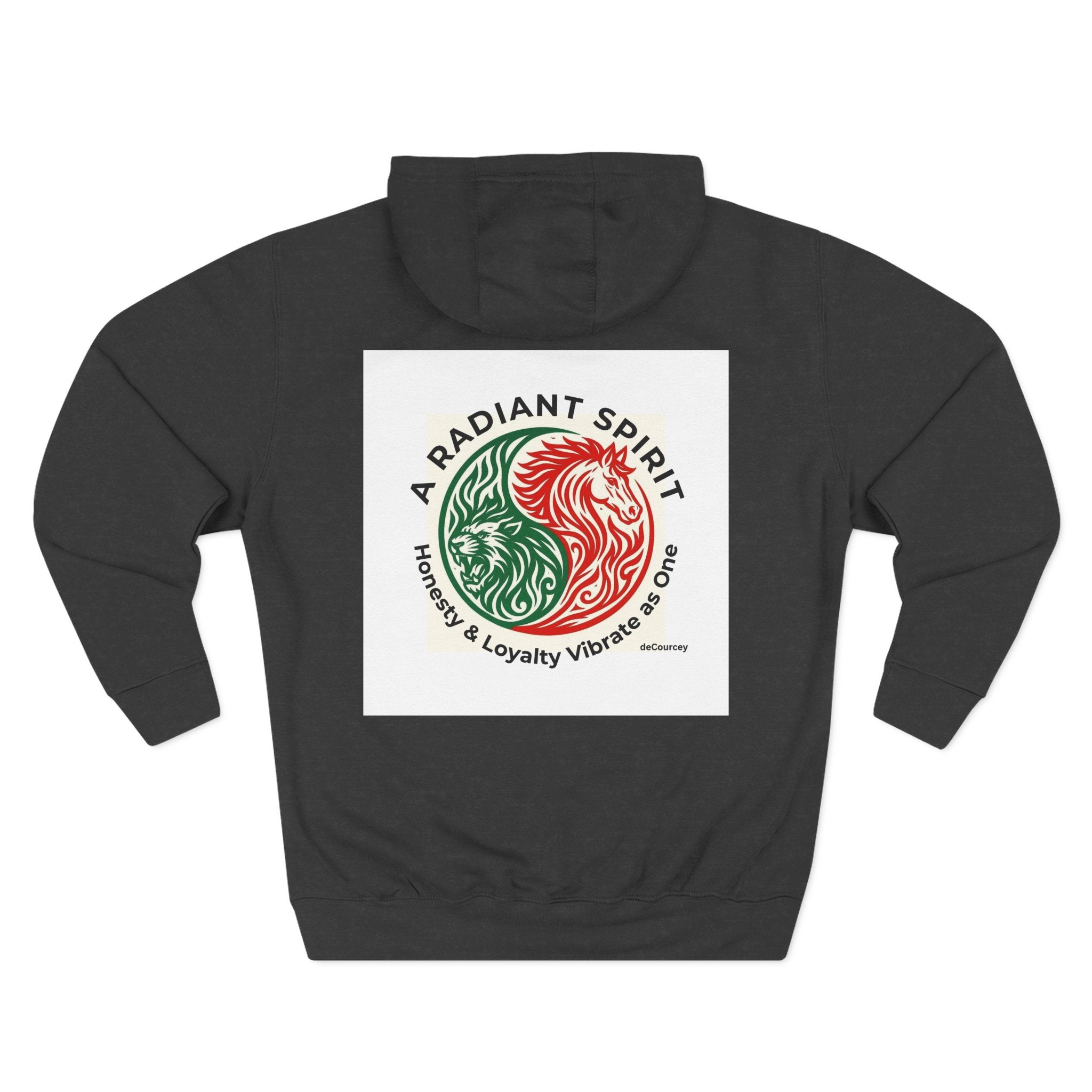 Radiant Spirit Yin-Yang Hoodie ; Honesty & Loyalty Graphic Fleece Hoodie; The Radiant Spirit; Leo and Horse Zodiac ; Leo Horse Star signs;  Astrology Fiery Horse and Leo Verse; Astrological character...