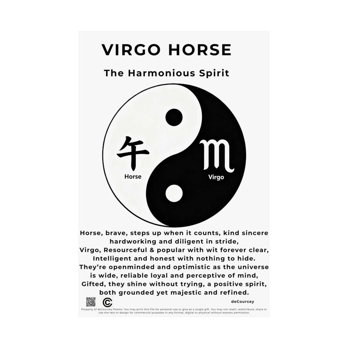 Virgo Horse Poster — Matte Zodiac Yin Yang Print ("The Harmonious Spirit")