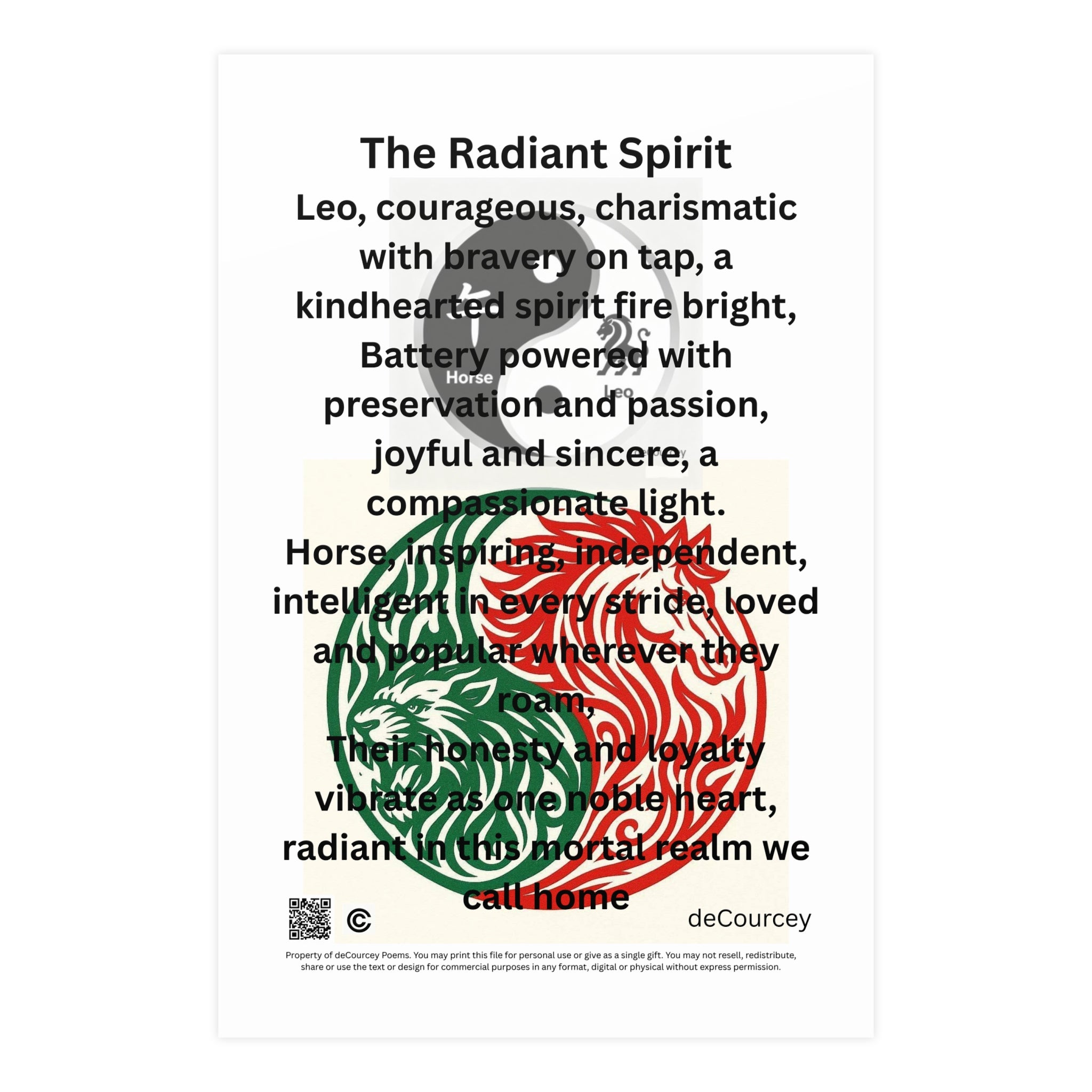 Zodiac 'The Radiant Spirit' Poster — Leo Inspirational Wall Art; Leo and Horse Zodiac ; Leo Horse Star signs;  Astrology Fiery Horse and Leo Verse; Astrological character Poetry