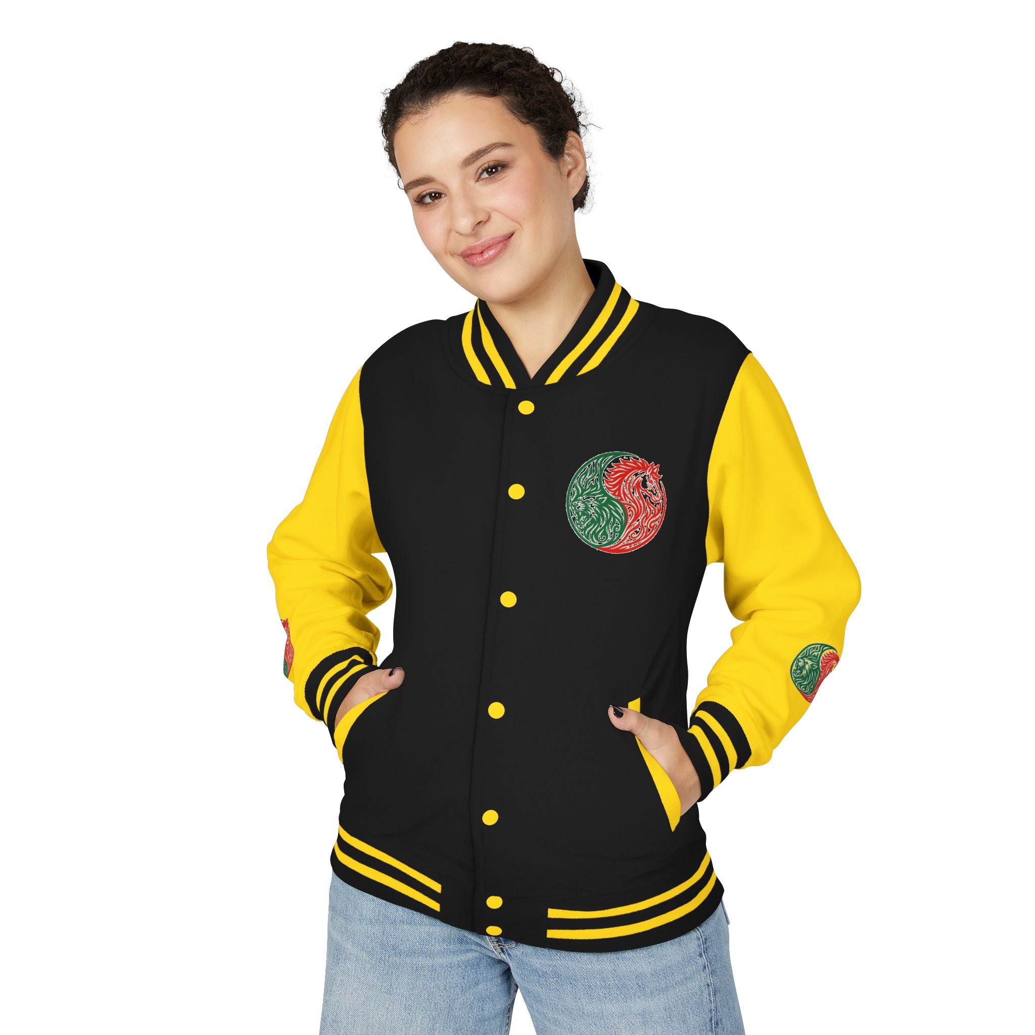 Yin Yang Floral Letterman Jacket — Peaceful & Sincere Varsity Jacket