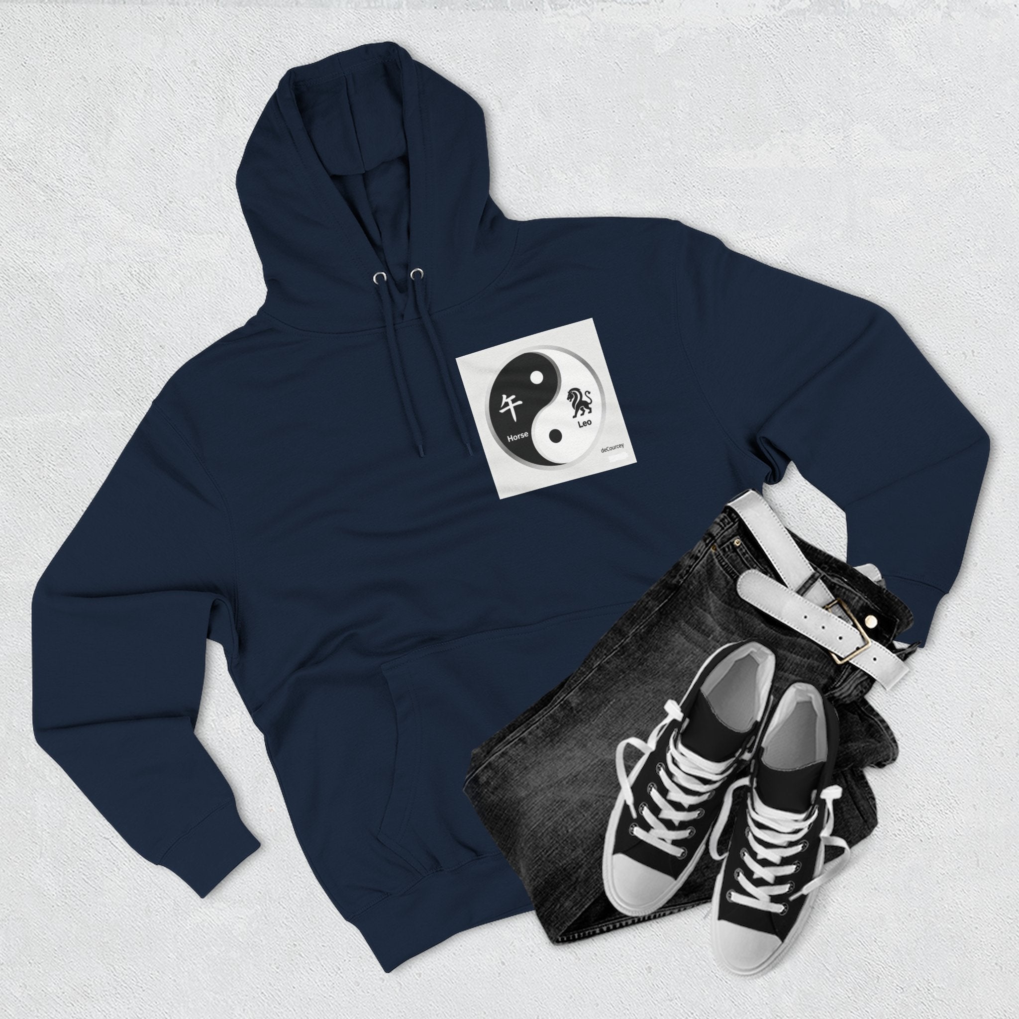 Radiant Spirit Yin-Yang Hoodie ; Honesty & Loyalty Graphic Fleece Hoodie; The Radiant Spirit; Leo and Horse Zodiac ; Leo Horse Star signs;  Astrology Fiery Horse and Leo Verse; Astrological character...