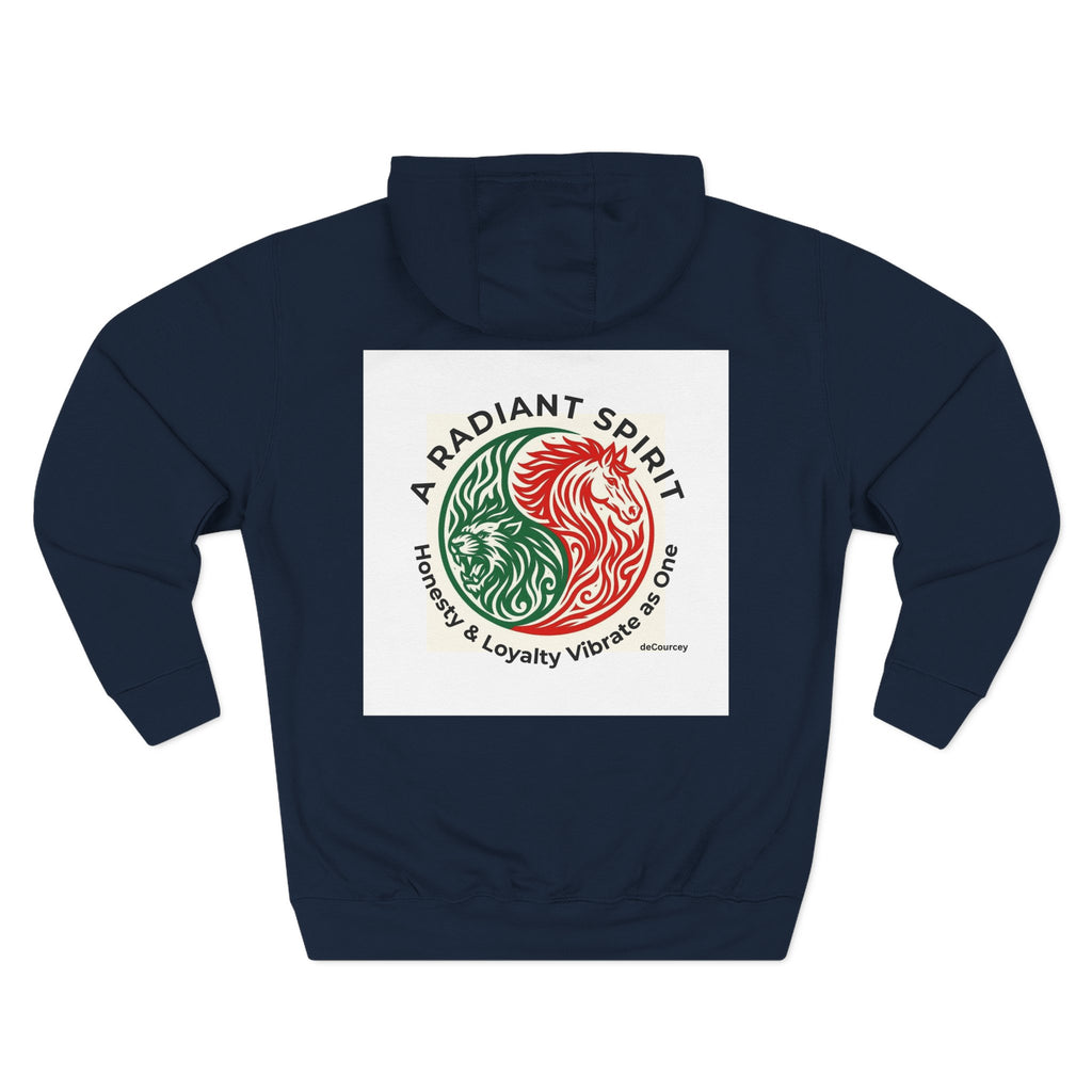 Radiant Spirit Yin-Yang Hoodie ; Honesty & Loyalty Graphic Fleece Hoodie; The Radiant Spirit; Leo and Horse Zodiac ; Leo Horse Star signs;  Astrology Fiery Horse and Leo Verse; Astrological character...