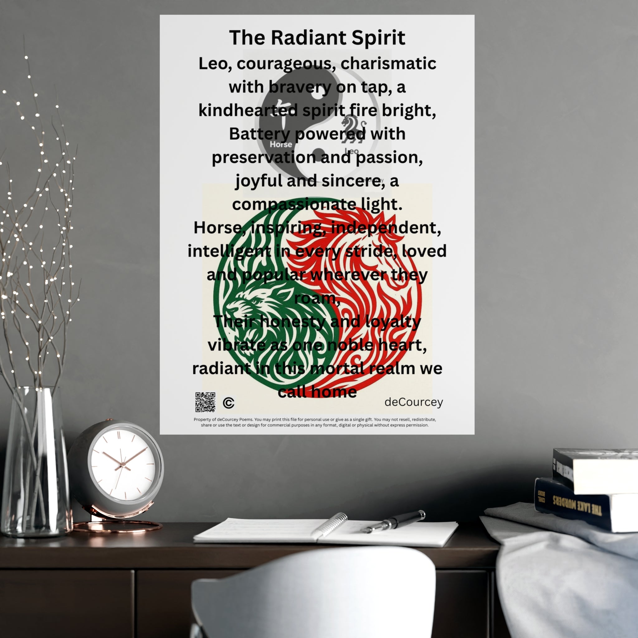 Zodiac 'The Radiant Spirit' Poster — Leo Inspirational Wall Art; Leo and Horse Zodiac ; Leo Horse Star signs;  Astrology Fiery Horse and Leo Verse; Astrological character Poetry