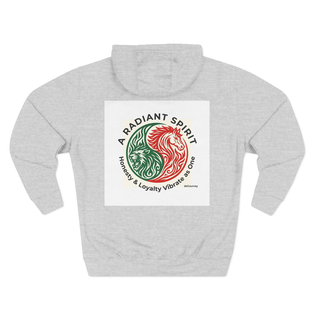 Radiant Spirit Yin-Yang Hoodie ; Honesty & Loyalty Graphic Fleece Hoodie; The Radiant Spirit; Leo and Horse Zodiac ; Leo Horse Star signs;  Astrology Fiery Horse and Leo Verse; Astrological character...