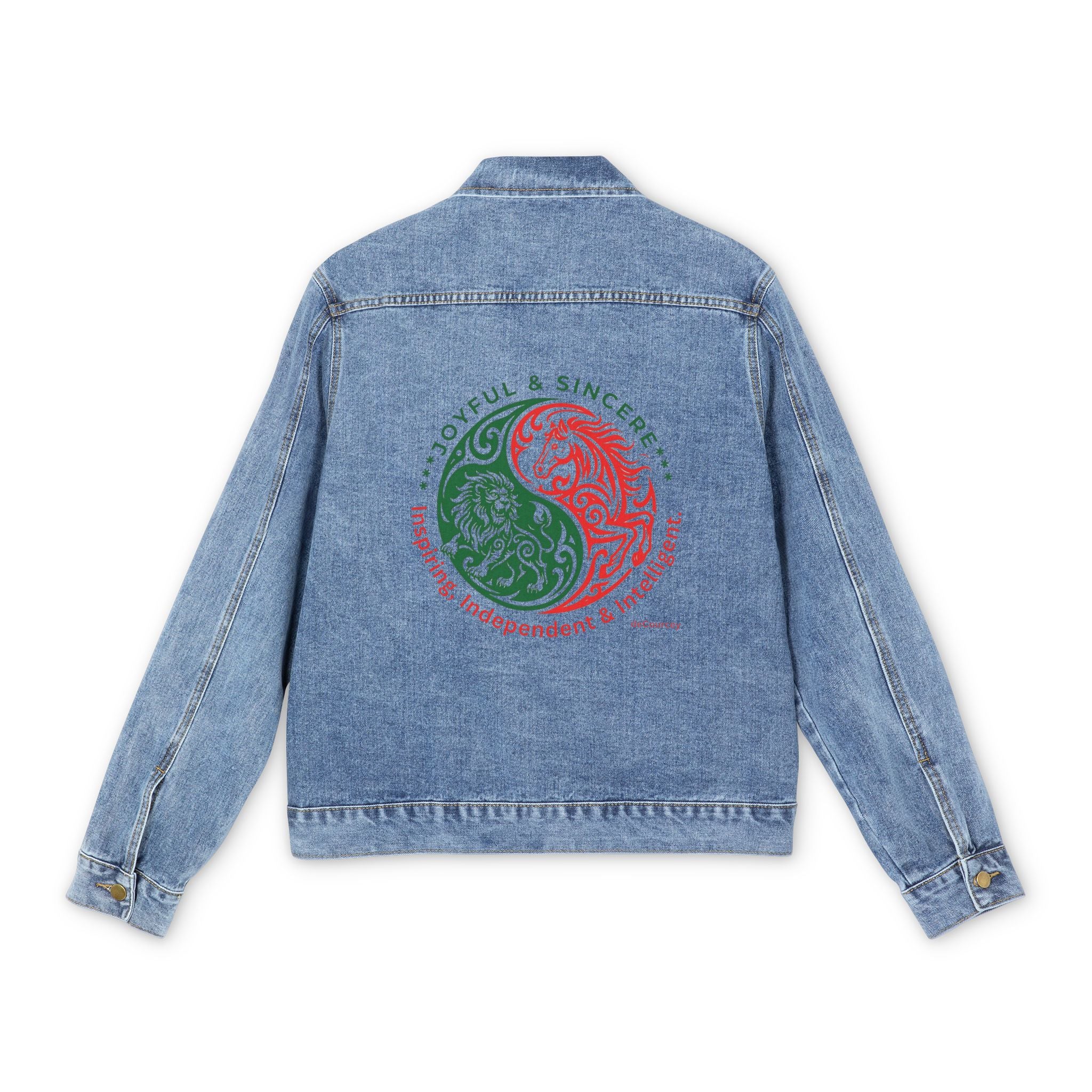 Men's Denim Jacket with Red & Green Yin Yang Back Graphic — Vintage Casual Streetwear
