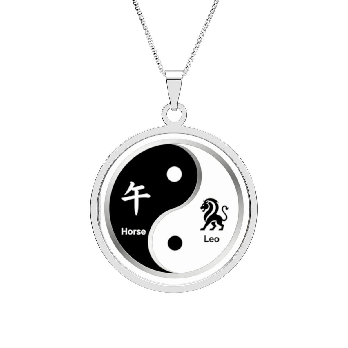 Horse & Lion Yin-Yang Round Photo Pendant — Stainless Steel Necklace (Silver or Gold)