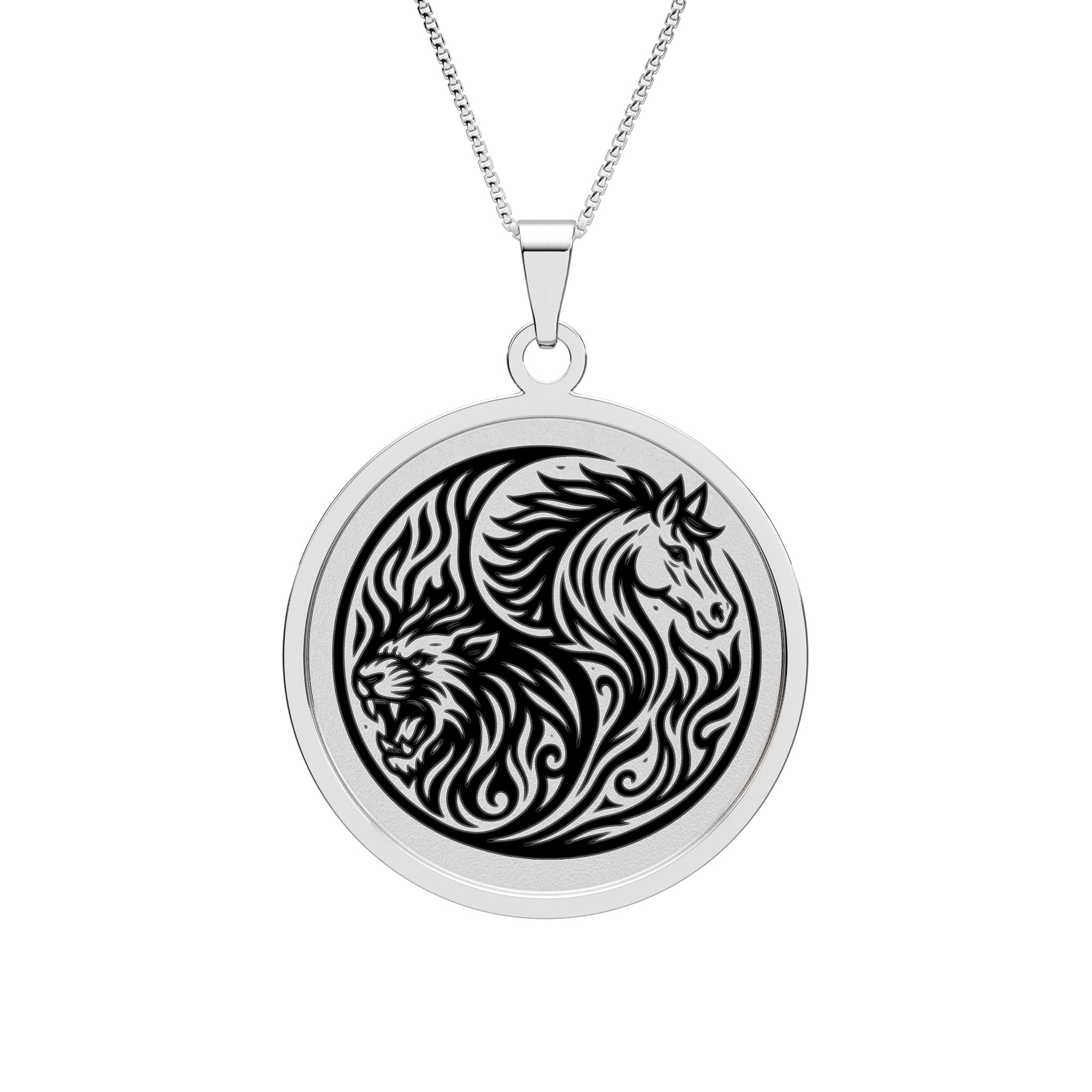 Horse & Lion Yin-Yang Round Photo Pendant — Stainless Steel Necklace (Silver or Gold)