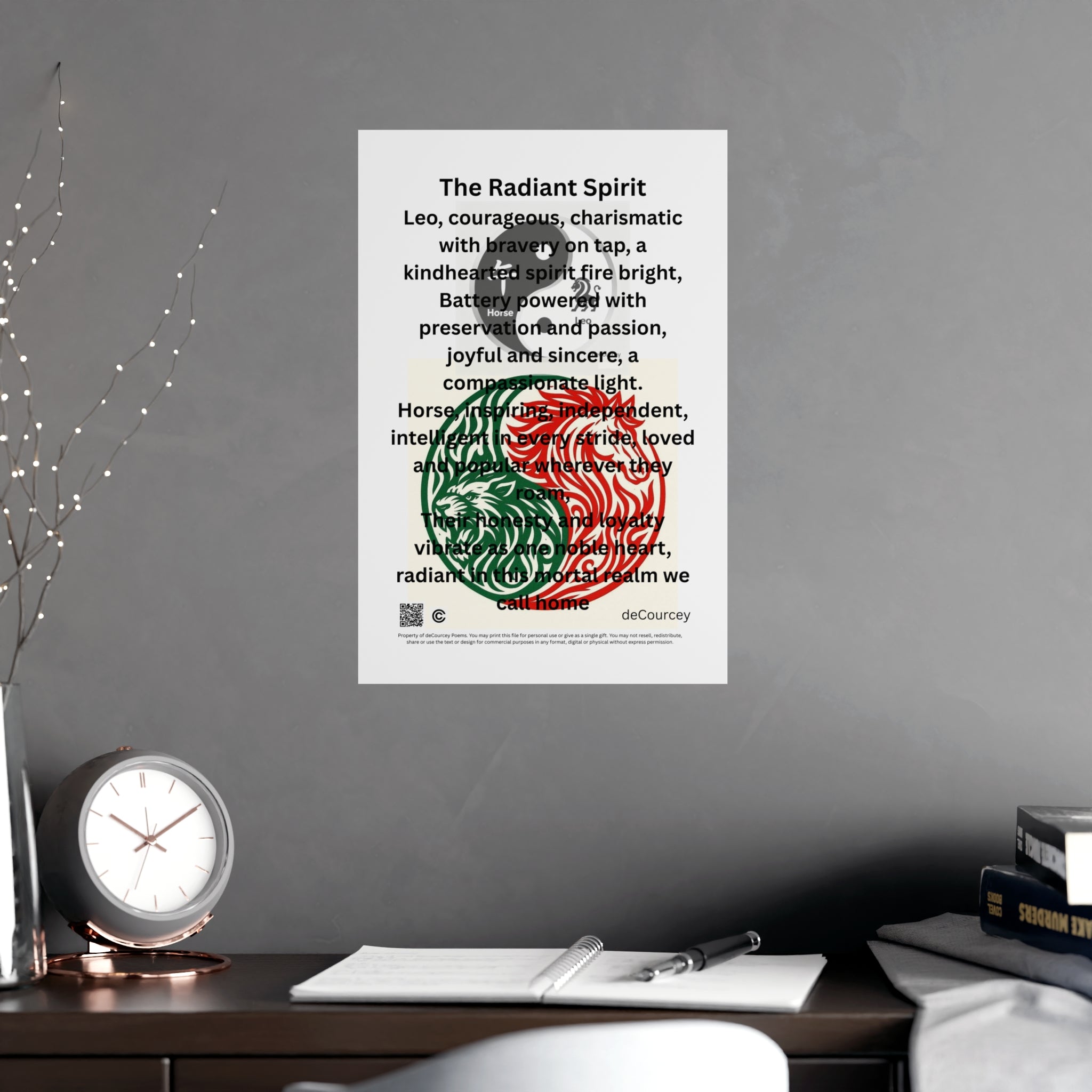 Zodiac 'The Radiant Spirit' Poster — Leo Inspirational Wall Art; Leo and Horse Zodiac ; Leo Horse Star signs;  Astrology Fiery Horse and Leo Verse; Astrological character Poetry