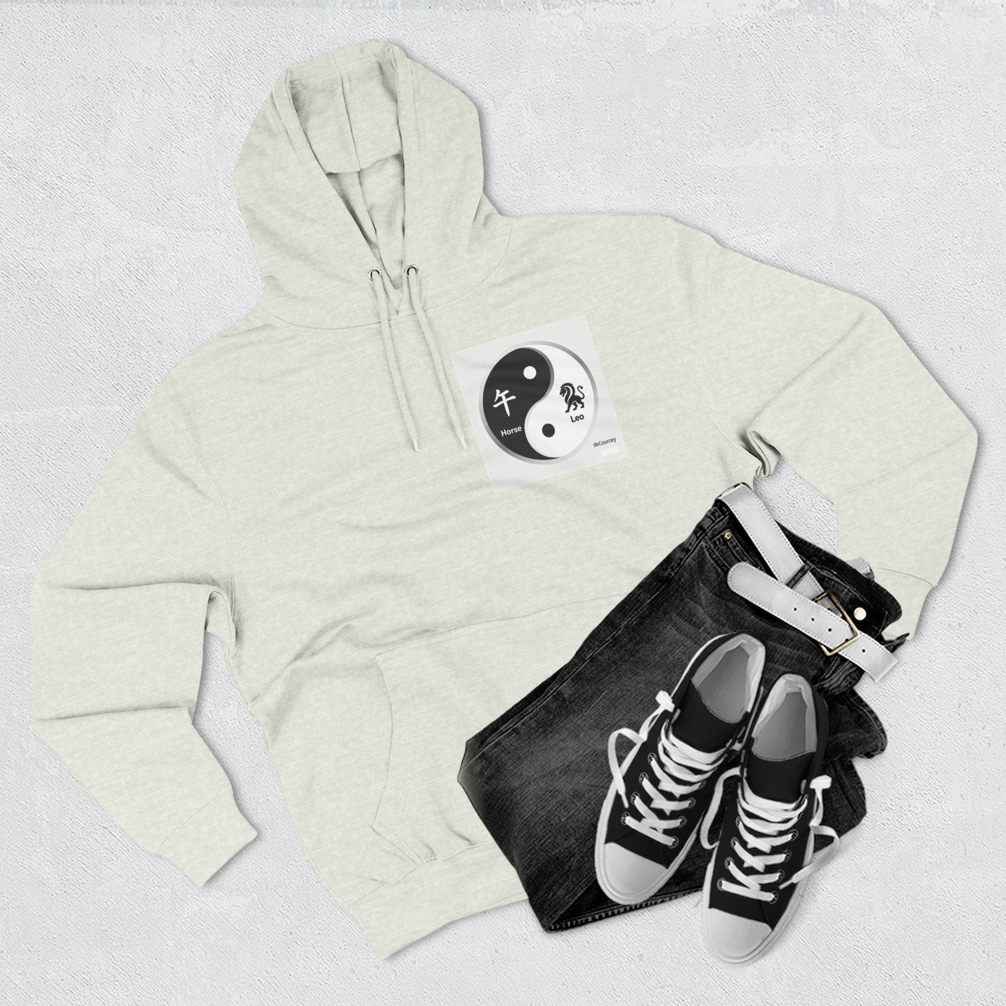 Radiant Spirit Yin-Yang Hoodie ; Honesty & Loyalty Graphic Fleece Hoodie; The Radiant Spirit; Leo and Horse Zodiac ; Leo Horse Star signs;  Astrology Fiery Horse and Leo Verse; Astrological character...