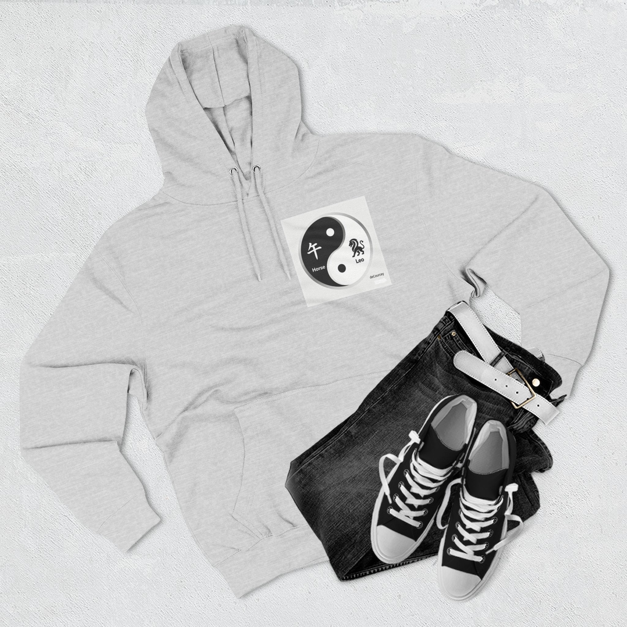 Radiant Spirit Yin-Yang Hoodie ; Honesty & Loyalty Graphic Fleece Hoodie; The Radiant Spirit; Leo and Horse Zodiac ; Leo Horse Star signs;  Astrology Fiery Horse and Leo Verse; Astrological character...