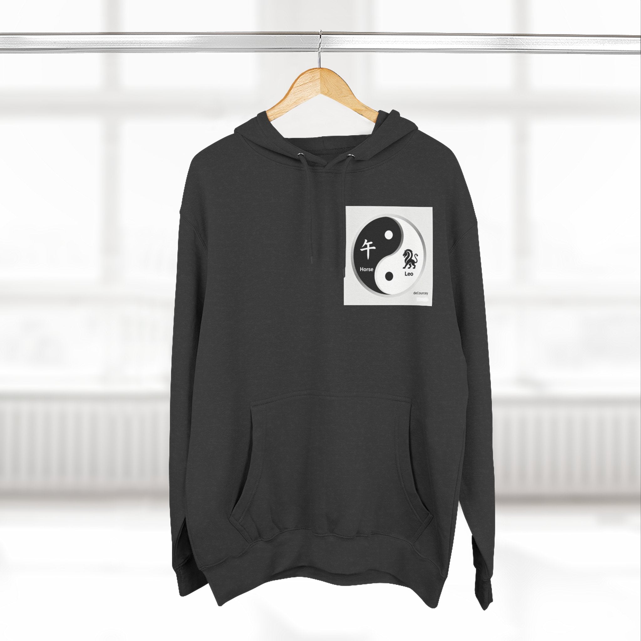 Radiant Spirit Yin-Yang Hoodie ; Honesty & Loyalty Graphic Fleece Hoodie; The Radiant Spirit; Leo and Horse Zodiac ; Leo Horse Star signs;  Astrology Fiery Horse and Leo Verse; Astrological character...
